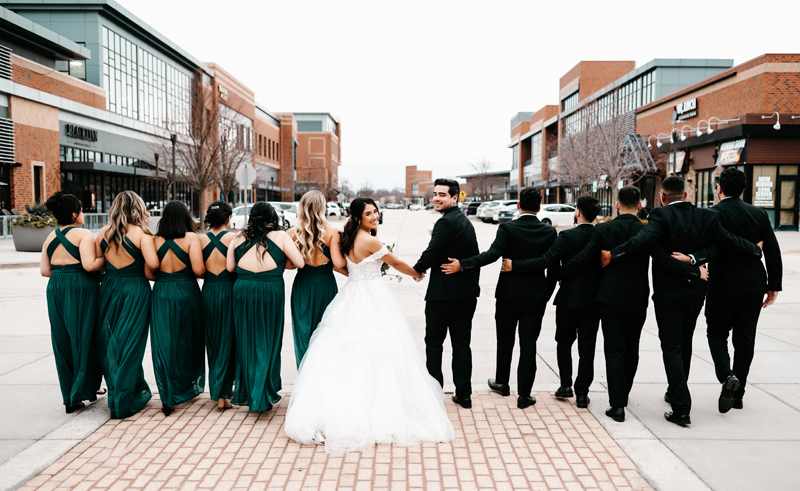 wedding photography, couple looking at camera with entire wedding party